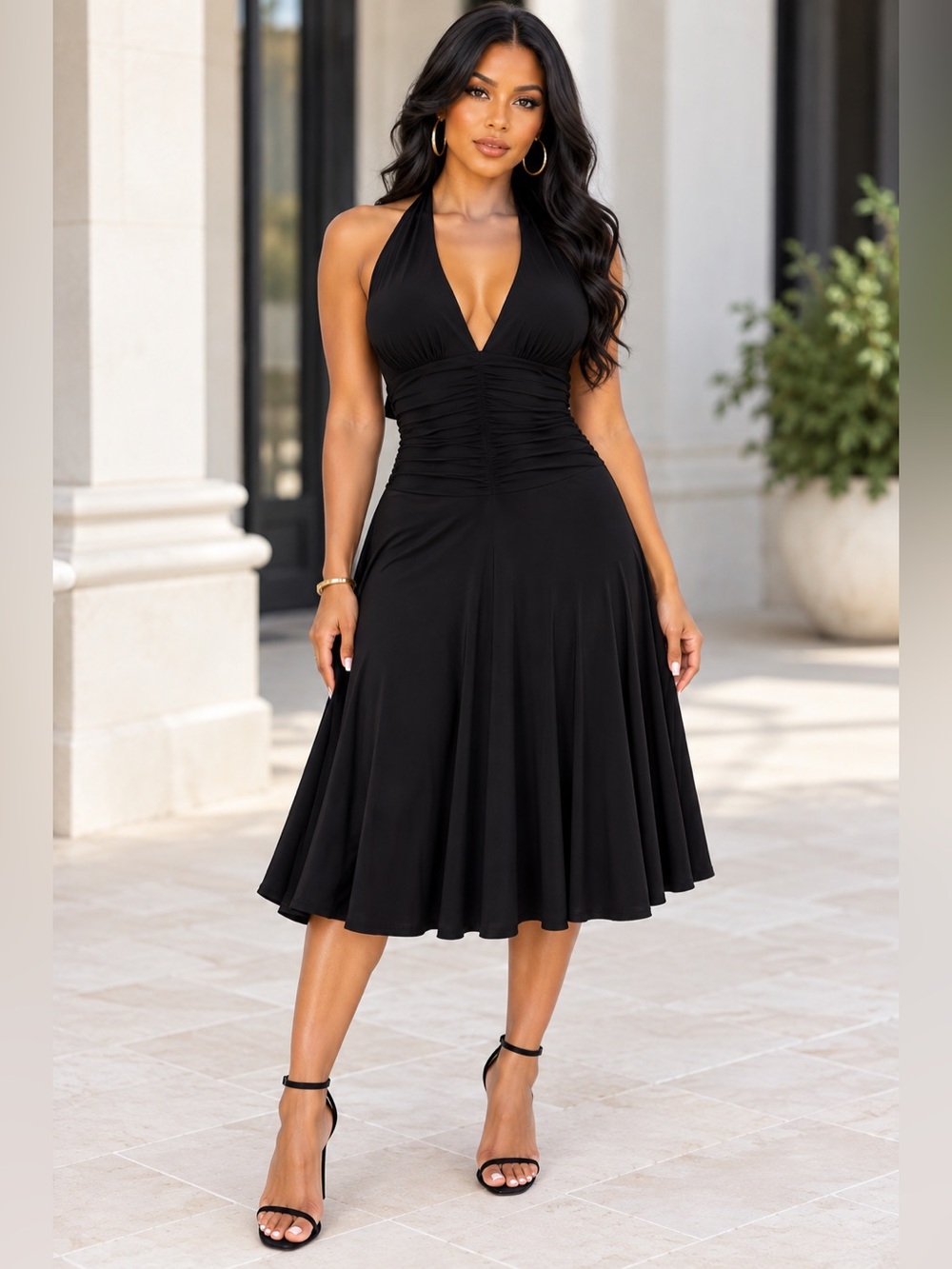 White House Black Market Black Halter Ruched Open Back Midi Dress Small Made USA
